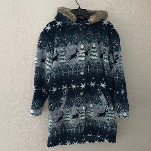 Vintage LL. Bean Cozy Hooded Winter Parka Coat Jacket Nordic Pattern Large Blue